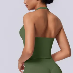 Detailed view of the backless design on an olive green sports bra for fitness training