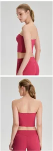 Zij- en achteraanzicht van de roze strapless yogatop voor dames voor fitness en sport.