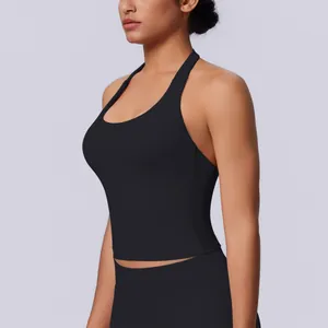 Detailed side view of black seamless halter neck sports tank top for yoga and fitness