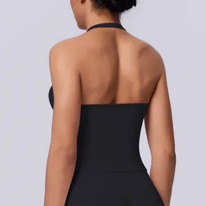Detailed back view of a black seamless halter neck sports vest for yoga and fitness