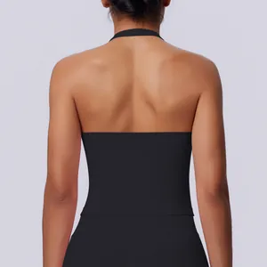 Detailed back view of this seamless black halter neck sports tank top for yoga