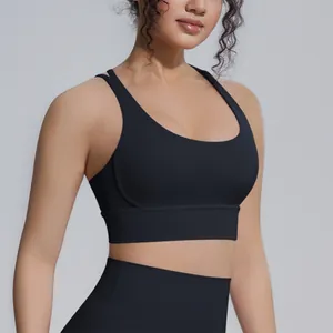 Reggiseno sportivo nero con incrocio sulla schiena per yoga e fitness, effetto seconda pelle