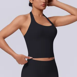 Seamless black halter neck sports tank top for yoga, running and fitness training