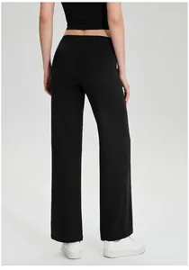 Gedetailleerd achteraanzicht van zwarte yoga broek met hoge taille en rechte pijpen voor fitness