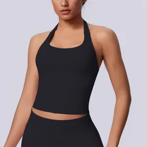 Detailed view of black seamless halter-neck sports tank top for fitness and yoga wear.