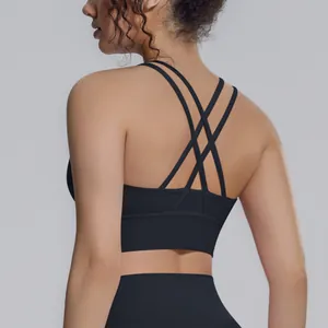 Vista posteriore di un reggiseno sportivo nero con un elegante design a incrocio per lo yoga
