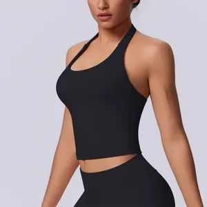 Close-up of a seamless black halter neck sports tank top for women's yoga and fitness