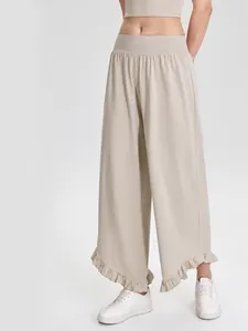 Dames Hoge Taille Sport Wijde Pijpen Broek Katoenmix Ademend Rimpelzoom Casual Onderkant Voor Yoga Hardlopen Fitness