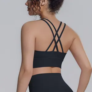 Dettaglio posteriore di un reggiseno sportivo nero con spalline incrociate per yoga e fitness