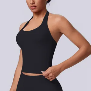 Premium seamless black halter neck backless sports vest and yoga top detail view