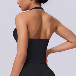 Back view of seamless black halter sports tank top showing racerback design