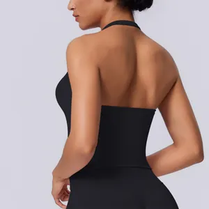 Close-up of black seamless halter neck sports tank top showing open back detail
