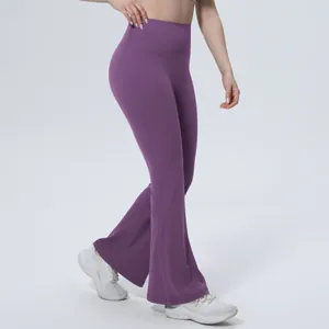 Legging de yoga évasé violet à taille haute respirant avec coupe de compression minceur