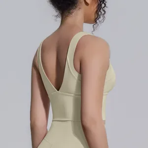 Dettaglio posteriore del reggiseno sportivo ad alto impatto con profondo scollo a V.