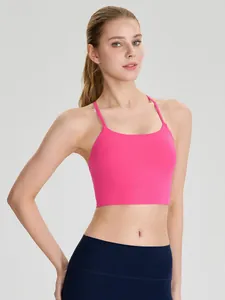 Pink cross back sports bra with removable pads for breathable yoga and fitness training