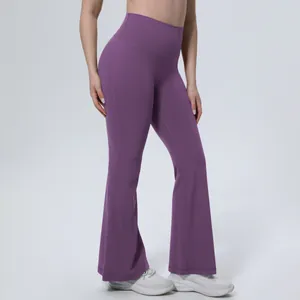 Pantalon de yoga évasé violet à taille haute pour femmes, tissu respirant sport