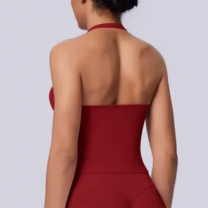Close-up detail of a red seamless halter neck sports vest with open back design