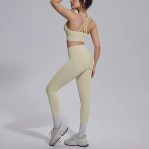 Back view of light khaki yoga set with cross-back sports bra and leggings