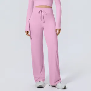 Rosa High-Waist-Yogahose für Damen mit weitem Bein aus weichem Nylon und Kordelzugband