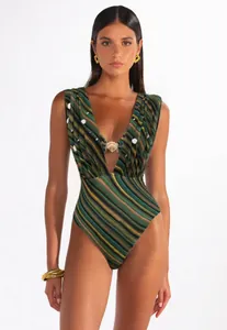 Detailed front view of striped one-piece swimsuit with shell ornament and sequins
