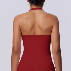 Detailed back view of a red seamless halter neck sports tank top for yoga and fitness