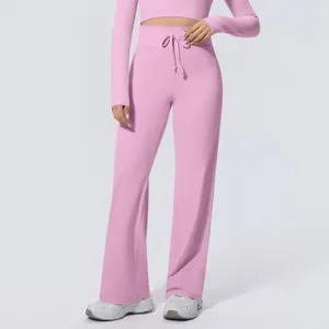 Rosa Yoga-Hose mit hoher Taille, weitem Bein und Kordelzug für professionelles Fitness-Training