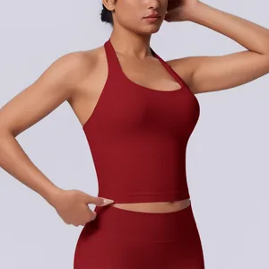 Close-up of seamless dark red halter neck sports vest for yoga and fitness