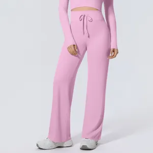 Hoch taillierte rosa Yogahose mit weitem Bein und Kordelzug für Fitness und Training