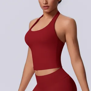 Detailed side view of dark red seamless halter neck sports tank top for fitness