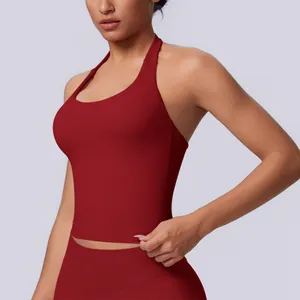Professional close-up of a seamless red halter neck sports top for yoga fitness