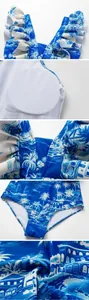 Detailed view of the blue tropical island print and ruffle texture on this one-piece swimsuit