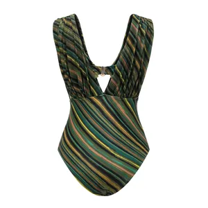 Front view of a stylish sequined one-piece swimsuit with vibrant green and yellow stripes