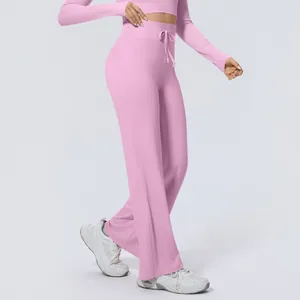 Rosa Yogahose mit hoher Taille und weitem Bein aus Stretch-Nylon für Fitness