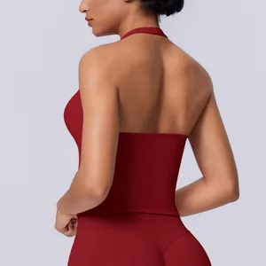 Detailed back view of a seamless halter neck sports tank top in deep red yoga wear