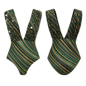 Detailed front and back views of a multi-colored striped one-piece swimsuit with sequins