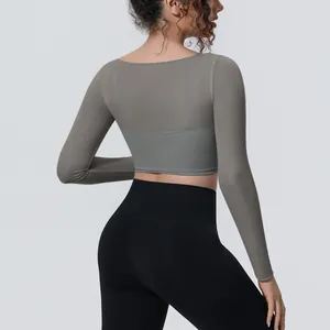 Vista posteriore di un crop top sportivo grigio a maniche lunghe in mesh per yoga e fitness