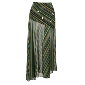Fashionable long striped mesh swim skirt with sequin accents and asymmetric hem design