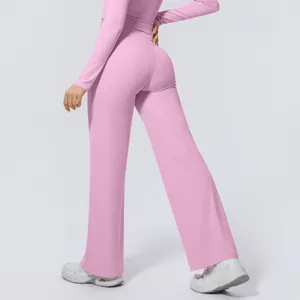Detailansicht der rosafarbenen Yoga-Hose mit weitem Bein und hoher Taille von hinten