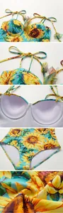 Detailed shots of sunflower print swimsuit showing padded cups, tie straps, and fabric texture.