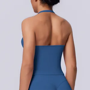 Detailed back view of a seamless blue halter neck sports vest for yoga and fitness
