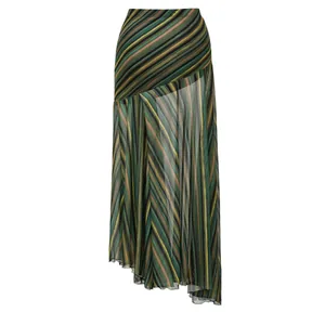 Elegant multicolor striped mesh maxi skirt with asymmetrical hem for beach cover-up