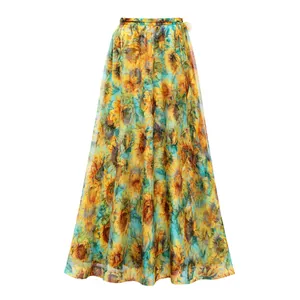 Vibrant sunflower print maxi beach skirt made with lightweight and flowing fabric