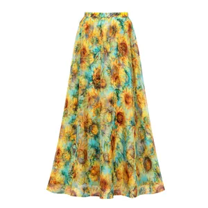 Full length front view of an elegant high-waisted sunflower print maxi beach skirt