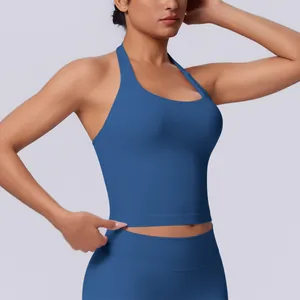 Close-up of blue seamless halter neck sports tank top for yoga and fitness training.