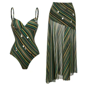 Detailed view of color-block striped swimwear set with silver sequin embellishments.