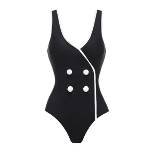 Damen Einteiliger Badeanzug mit Kontrastpaspeln Retro Knopf Dekor Schlankheits Badeanzug High Cut Schwarz Bademode