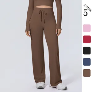 Damen Hohe Taille Weites Bein Yoga Hose Doppelseitiges Nylon Kordelzug Locker Lässig Sport Fitness Bottom