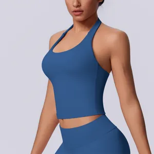 Close-up detail of a blue seamless halter sports top for yoga and gym fitness training.