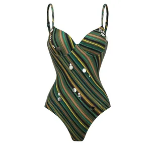 Full front view of one-piece swimsuit featuring colorful stripes and silver sequins