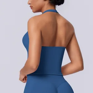 Detailed back view of a blue seamless halter-neck sports tank top for yoga and fitness.
